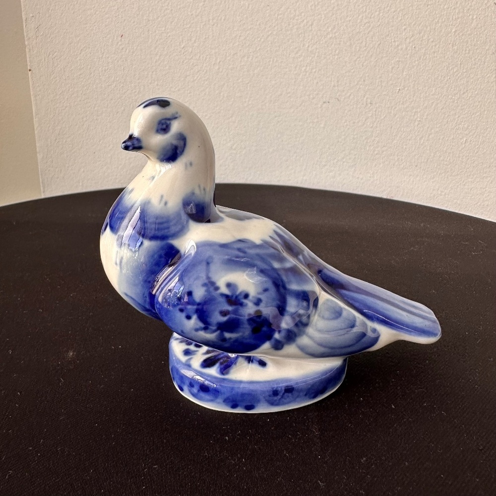 Vintage Gzhel Porcelain Dove Figurine Signed R. Korunova Blue White Russia 1980s